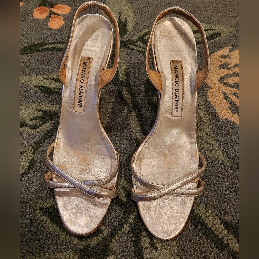 Manolo Blahnik Silver Leather Sandals 38